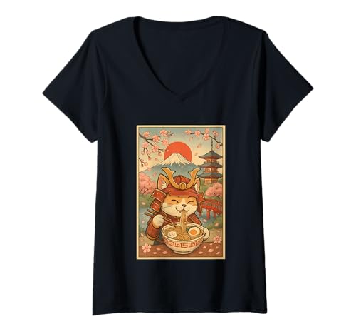 Damen Samurai Cat Ramen unter Kirschblüten und Japan Pagode T-Shirt mit V-Ausschnitt von Samurai Cat Ramen Lover pagoda cherry blossoms tee