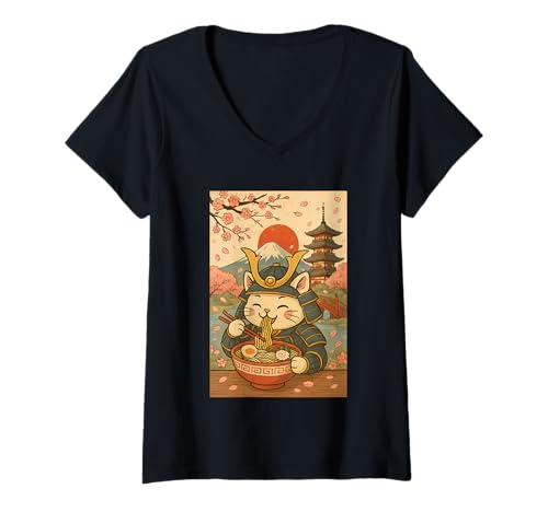 Damen Samurai-Katze, fressend, Ramen, Japan, Berg Fuji, Kirschblüten T-Shirt mit V-Ausschnitt von Samurai Cat Ramen Lover pagoda cherry blossoms tee
