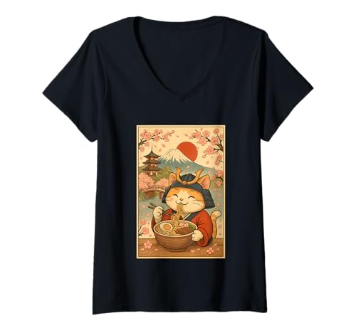 Damen Samurai-Katze, fressend, Ramen, Japan, Berg Fuji, Kirschblüten T-Shirt mit V-Ausschnitt von Samurai Cat Ramen Lover pagoda cherry blossoms tee