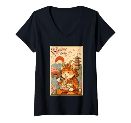 Damen Samurai-Katze, fressend, Ramen, Japan, Berg Fuji, Kirschblüten T-Shirt mit V-Ausschnitt von Samurai Cat Ramen Lover pagoda cherry blossoms tee
