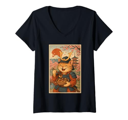 Damen Samurai-Katze, fressend, Ramen, Japan, Berg Fuji, Kirschblüten T-Shirt mit V-Ausschnitt von Samurai Cat Ramen Lover pagoda cherry blossoms tee