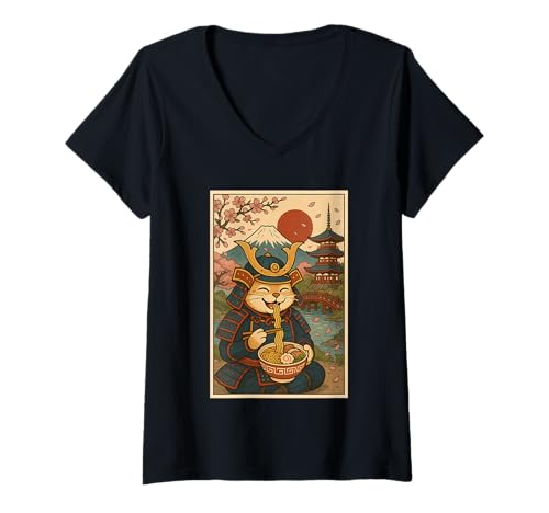 Damen Süße Samurai-Katze schlürft Ramen unter dem Berg Fuji und Sakura T-Shirt mit V-Ausschnitt von Samurai Cat Ramen Lover pagoda cherry blossoms tee