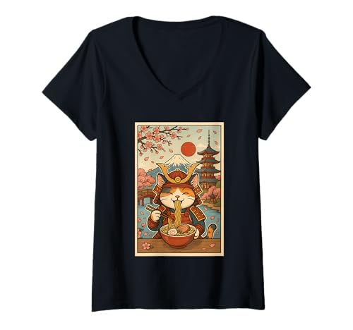Damen Süße Samurai-Katze schlürft Ramen unter dem Berg Fuji und Sakura T-Shirt mit V-Ausschnitt von Samurai Cat Ramen Lover pagoda cherry blossoms tee
