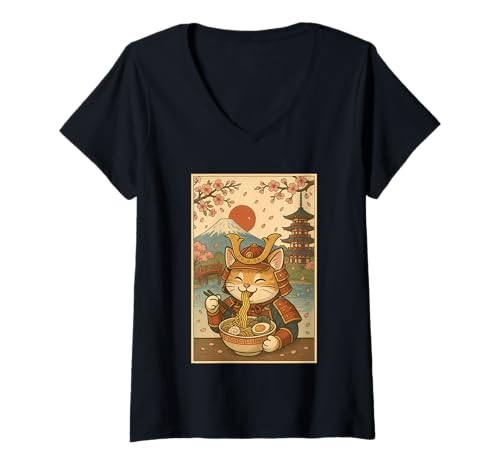 Damen Süße Samurai-Katze schlürft Ramen unter dem Berg Fuji und Sakura T-Shirt mit V-Ausschnitt von Samurai Cat Ramen Lover pagoda cherry blossoms tee