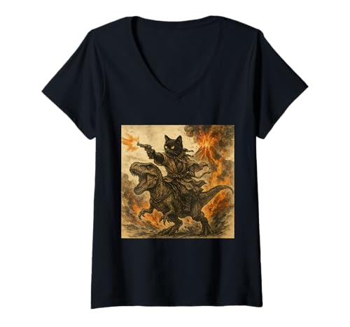 Damen Samurai Cat Riding Dinosaur in Volcanic Eruption Art T-Shirt mit V-Ausschnitt Damen Samurai Cat Riding Dinosaur in Volcanic Eruption Art T-Shirt mit V-Ausschnitt von Samurai Cat Riding Dinosaur Illustration Gift Idea