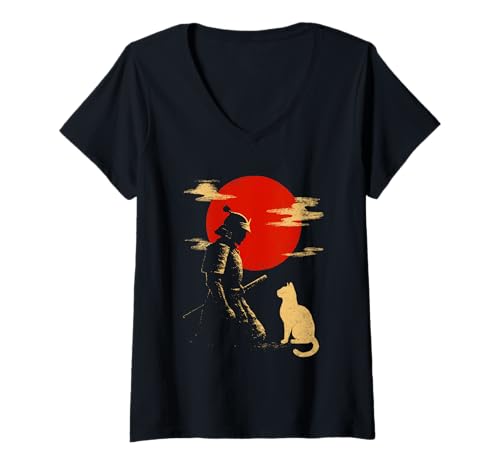 Damen Samurai-Katze im Vintage-Stil, japanische aufgehende Sonne T-Shirt mit V-Ausschnitt von Samurai Cat Rising Sun Designs