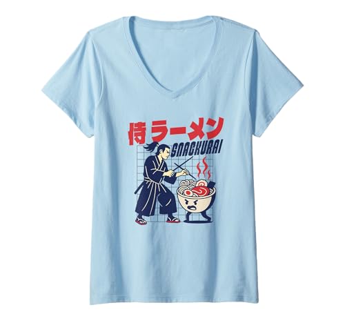 Damen Snackurai, lustige japanische Samurai-Snack-Ramen T-Shirt mit V-Ausschnitt Damen Snackurai, lustige japanische Samurai-Snack-Ramen T-Shirt mit V-Ausschnitt von Samurai Chopsticks Ramen for Japanese Foodies