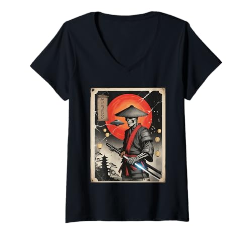 Damen Japanisches Samurai-Skelett Alien UFO Vintage Ukiyo-e Art T-Shirt mit V-Ausschnitt von Samurai Japan Bushido Japan Gifts