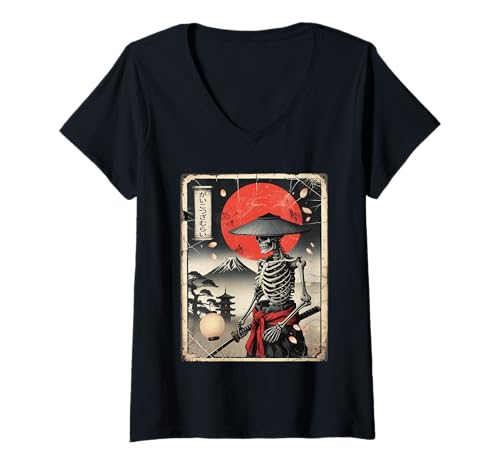Damen Japanisches lustiges Samurai-Skelett Japan Vintage Ukiyo-e Art T-Shirt mit V-Ausschnitt Damen Japanisches lustiges Samurai-Skelett Japan Vintage Ukiyo-e Art T-Shirt mit V-Ausschnitt von Samurai Japan Japanese Sci-fi Apparel Gifts