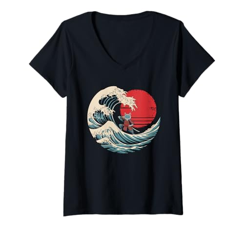 Damen Samurai Katze Vintage Ukiyo-e Krieger Kanji Kitty Anime Cat T-Shirt mit V-Ausschnitt von Samurai Katze TShirt Männer Frauen Japan Ninja