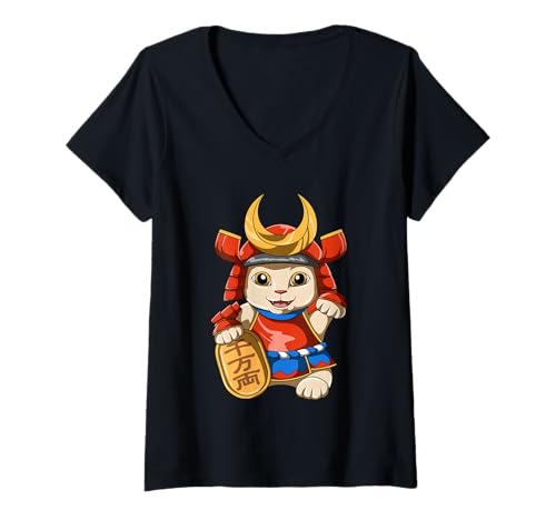 Damen Glückskatze Samurai Maneki Neko Kawaii Japanische Katze T-Shirt mit V-Ausschnitt Damen Glückskatze Samurai Maneki Neko Kawaii Japanische Katze T-Shirt mit V-Ausschnitt von Samurai Maneki Neko T-Shirt