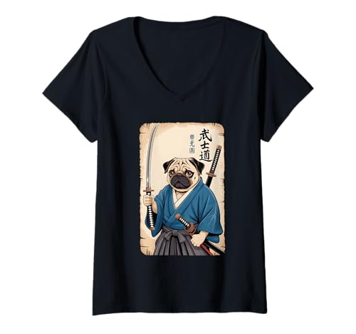Damen Samurai Mops Krieger mit Katana Schwert Bushido Hund im Kimono T-Shirt mit V-Ausschnitt Damen Samurai Mops Krieger mit Katana Schwert Bushido Hund im Kimono T-Shirt mit V-Ausschnitt von Samurai Pug Warrior Katana Sword Bushido
