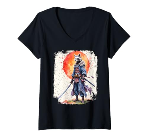 Damen Samurai Waschbär Japanische Sumi-e Art Kawaii Lustige Neuheit T-Shirt mit V-Ausschnitt von Samurai Raccoon.Co