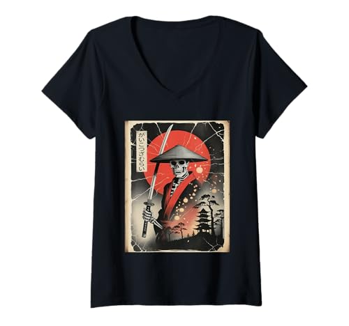 Damen Vintage Samurai Skelett Japan Japanisch Ukiyo-e Retro Art T-Shirt mit V-Ausschnitt von Samurai Sci-Fi Anime Gifts for Men Women Kids
