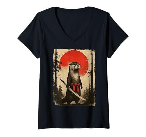 Damen Otter Samurai T-Shirt mit V-Ausschnitt Damen Otter Samurai T-Shirt mit V-Ausschnitt von Samurai Seeotter Katana Japanische Kultur Japan