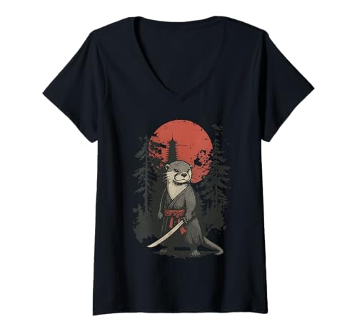 Damen Otter Samurai T-Shirt mit V-Ausschnitt Damen Otter Samurai T-Shirt mit V-Ausschnitt von Samurai Seeotter Katana Japanische Kultur Japan