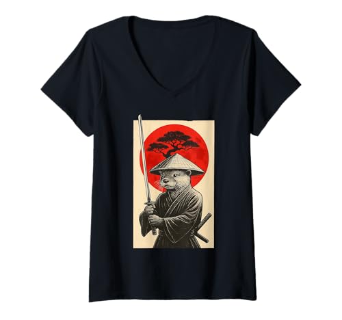 Damen Otter Samurai T-Shirt mit V-Ausschnitt Damen Otter Samurai T-Shirt mit V-Ausschnitt von Samurai Seeotter Katana Japanische Kultur Japan