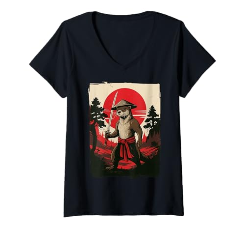Damen Otter Samurai T-Shirt mit V-Ausschnitt Damen Otter Samurai T-Shirt mit V-Ausschnitt von Samurai Seeotter Katana Japanische Kultur Japan