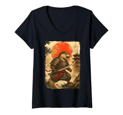 Damen Otter Samurai T-Shirt mit V-Ausschnitt Damen Otter Samurai T-Shirt mit V-Ausschnitt von Samurai Seeotter Katana Japanische Kultur Japan