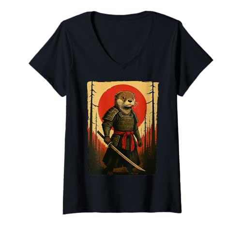 Damen Otter Samurai T-Shirt mit V-Ausschnitt Damen Otter Samurai T-Shirt mit V-Ausschnitt von Samurai Seeotter Katana Japanische Kultur Japan