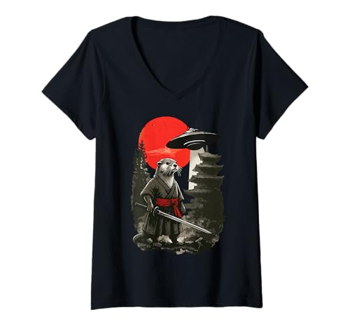 Damen Otter Samurai UFO Außerirdischer T-Shirt mit V-Ausschnitt Damen Otter Samurai UFO Außerirdischer T-Shirt mit V-Ausschnitt von Samurai Seeotter Katana Japanische Kultur Japan