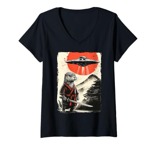 Damen Otter Samurai UFO Außerirdischer T-Shirt mit V-Ausschnitt Damen Otter Samurai UFO Außerirdischer T-Shirt mit V-Ausschnitt von Samurai Seeotter Katana Japanische Kultur Japan