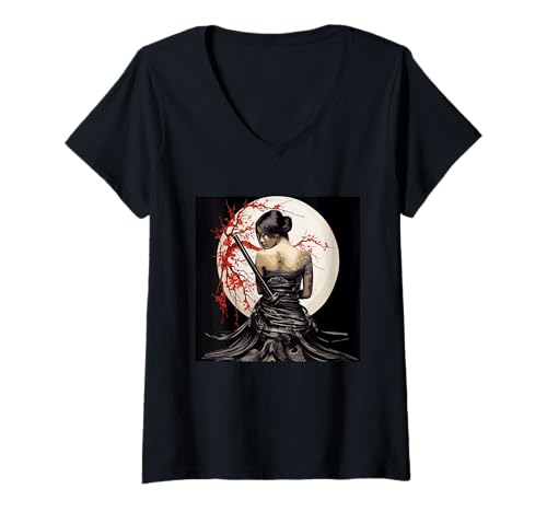 Damen Samurai-Frau unter Kirschblütenmond T-Shirt mit V-Ausschnitt von Samurai Spirit Japanese Culture