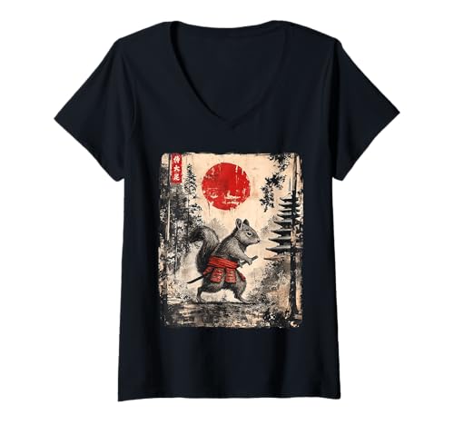 Damen Samurai-Eichhörnchen, Japanisches Vintage-Design, lustige Geschenke, Grafikkunst T-Shirt mit V-Ausschnitt Damen Samurai-Eichhörnchen, Japanisches Vintage-Design, lustige Geschenke, Grafikkunst T-Shirt mit V-Ausschnitt von Samurai Squirrel Apparel Men Women Kid Graphic Tee