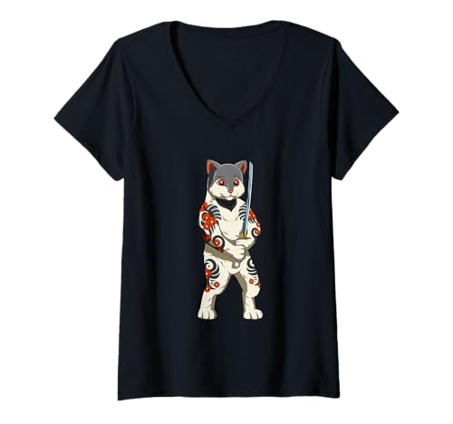 Damen Samurai Cat Warrior - Anime Katze Samurai T-Shirt mit V-Ausschnitt von Samurai T-Shirts - Samurai Ninja Katzen Shirts