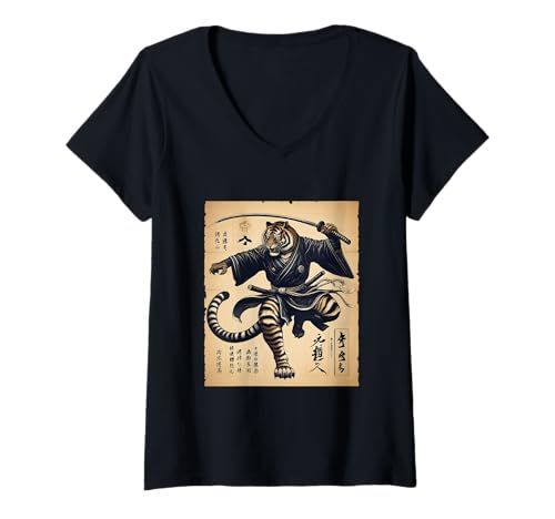 Damen Samurai Tiger Warrior Vintage Japanischer Charakter Anime Japan T-Shirt mit V-Ausschnitt von Samurai Tiger Warrior Japanese