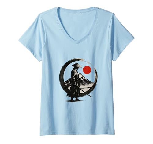 Damen Samurai Japan Katana Art Vintage Grafik Kunst Japanisch T-Shirt mit V-Ausschnitt Damen Samurai Japan Katana Art Vintage Grafik Kunst Japanisch T-Shirt mit V-Ausschnitt von Samurai Warrior Zen Circle Japanese art