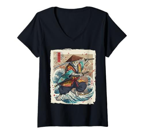 Damen Samurai Cat Dual Katana Japanischer Kunstkatzenkrieger Ronin T-Shirt mit V-Ausschnitt Damen Samurai Cat Dual Katana Japanischer Kunstkatzenkrieger Ronin T-Shirt mit V-Ausschnitt von Samurai Way Studio