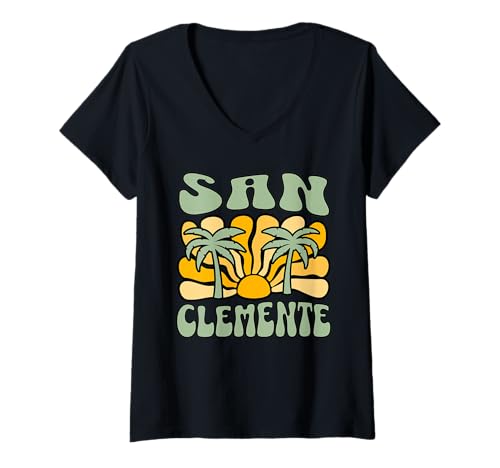 Damen San Clemente T-Shirt mit V-Ausschnitt von San Clemente Beach California Surfing Surf Ocean