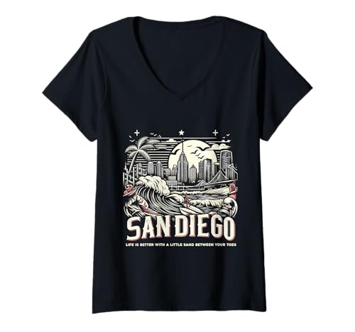 Damen San Diego Vintage Retro | Stadt Kalifornien T-Shirt mit V-Ausschnitt Damen San Diego Vintage Retro | Stadt Kalifornien T-Shirt mit V-Ausschnitt von San Diego Vintage Coast