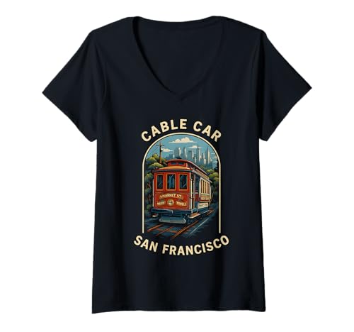 Damen Vintage San Francisco Seilbahn Vintage Travel Route Street T-Shirt mit V-Ausschnitt Damen Vintage San Francisco Seilbahn Vintage Travel Route Street T-Shirt mit V-Ausschnitt von San Francisco Cable Car Co Apparel