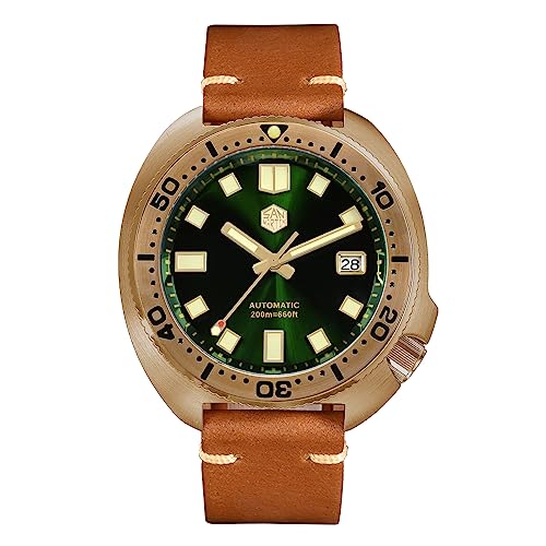 San Martin Abalone SN047Q Bronze Taucheruhren Herren Mechanische Uhr Leuchtend Wasserdicht 200M Lederband Armbanduhr, Farbe 1, Taucher, mechanisch von San Martin