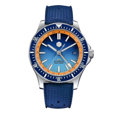 San Martin Original Design 41 mm GMT Taucheruhr NH34 automatisches mechanisches Schnellverschluss-Armband wasserdicht 200 m leuchtend SN0119, Blau Fkm, Klassisch von San Martin