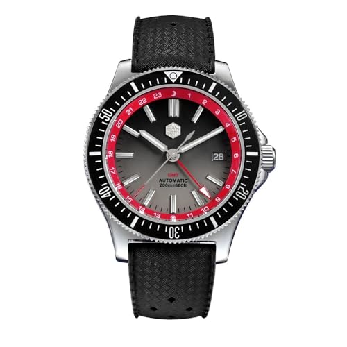 San Martin Original Design 41 mm GMT Taucheruhr NH34 automatisches mechanisches Schnellverschluss-Armband wasserdicht 200 m leuchtend SN0119, Schwarz Fkm, Klassisch von San Martin