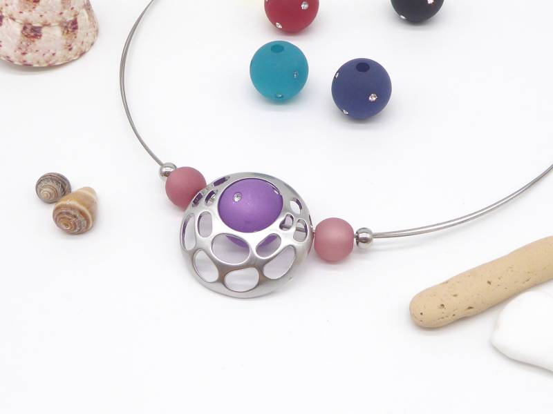 Schmuck-Set, Halsreif + Anhänger Omikron Rhodiniert Polarisperlen in Wunschfarbe, Wechselschmuck, Halskette, Kette, Geschenk Frau, Polaris von SanDesign4u