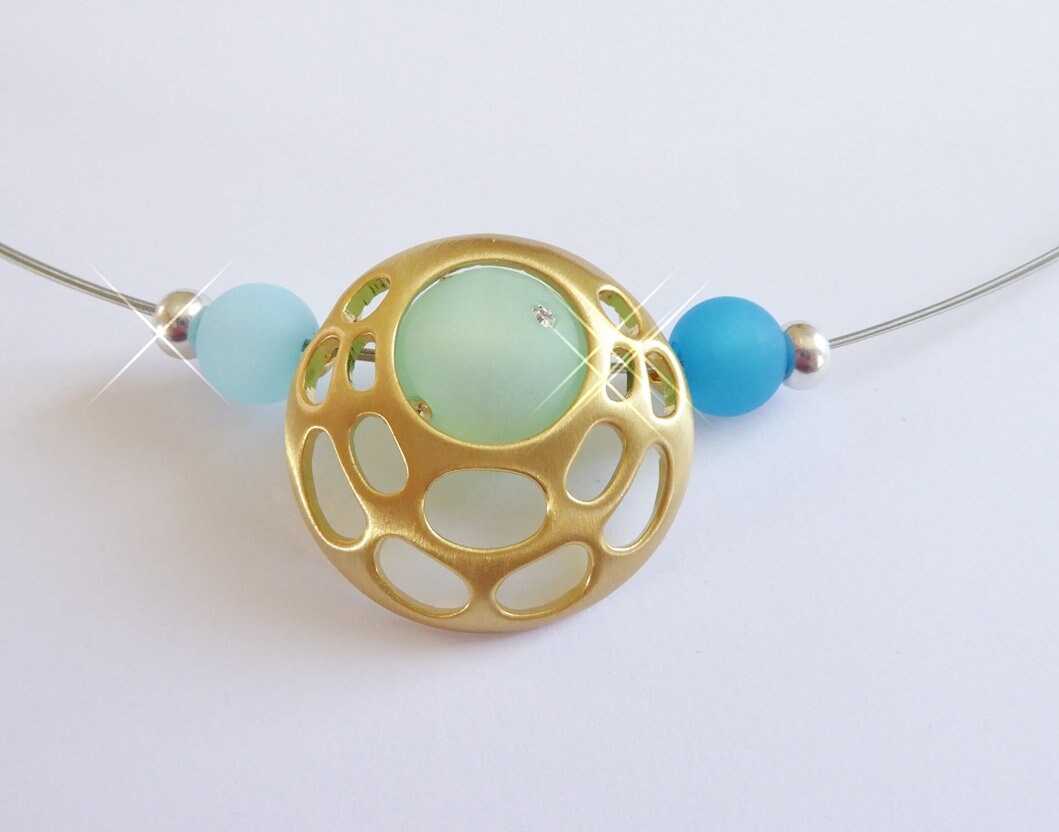Set, Halsreif + Anhänger Omikron Vergoldet Polarisperlen in Wunschfarbe, Wechselschmuck, Halskette, Kette, Geschenk Frau, Polaris Set, Halsreif + Anhänger Omikron Vergoldet Polarisperlen in Wunschfarbe, Wechselschmuck, Halskette, Kette, Geschenk Frau, Polaris von SanDesign4u