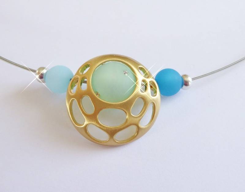 Set, Halsreif + Anhänger Omikron Vergoldet Polarisperlen in Wunschfarbe, Wechselschmuck, Halskette, Kette, Geschenk Frau, Polaris von SanDesign4u