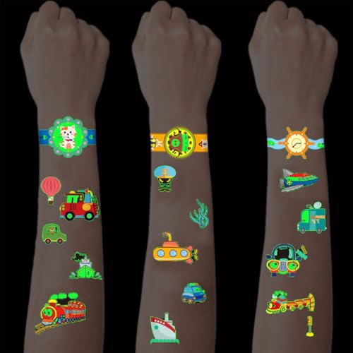 SanKristo 10 Blätter Leuchtende Temporäre Tattoos für Kinder Wasserdicht Cartoon Auto Uhren Tattoo Aufkleber Set Mädchen Jungen Glow In The Dark Geburtstag Geschenk für Kinder Party von SanKristo