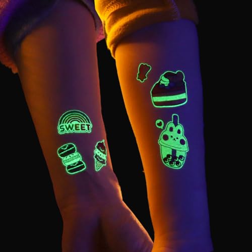 SanKristo 12 Blätter Leuchtende Temporäre Tattoos für Kinder Wasserdicht Kuchen Eiscreme Tattoo Aufkleber Set Mädchen Jungen Glow In The Dark Geburtstag Geschenk für Kinder Party von SanKristo