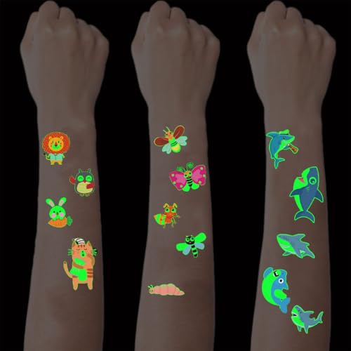 SanKristo 15 Blätter Leuchtende Temporäre Tattoos für Kinder Wasserdicht Cartoon Haie Tier Insekten Tattoo Aufkleber Set Mädchen Jungen Glow In The Dark Geburtstag Geschenk für Kinder Party von SanKristo