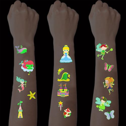 SanKristo 15 Blätter Leuchtende Temporäre Tattoos für Kinder Wasserdicht Meerjungfrauen Fee Prinzessinnen Tattoo Aufkleber Set Mädchen Jungen Glow In The Dark Geburtstag Geschenk für Kinder Party von SanKristo