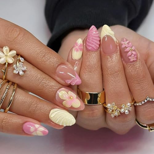 SanKristo 24 Stück Kurze Mandel Press on Nails, Künstliche Nägel mit Gelb-Rosa French Tip und 3D Blumen Wellen, Reusable French Stick on Nails, Selbstklebende Falsche Nägel für Frauen und Mädchen von SanKristo