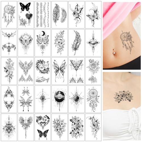 SanKristo 30 Blätter Temporäre Tattoos für Frauen Mann 3D Blumen Feder Planeten Tattoos Aufkleber für Hand Arm Beine Fake Wasserdicht Erwachsene Tattoo Aufkleber von SanKristo
