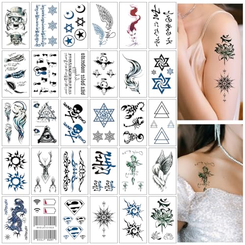 SanKristo 30 Blätter Temporäre Tattoos für Frauen Mann 3D Bunte Skelette Geister Totem Worte Tattoos Aufkleber für Hand Arm Beine Gefälschte Wasserdicht Erwachsene Tattoo Aufkleber von SanKristo