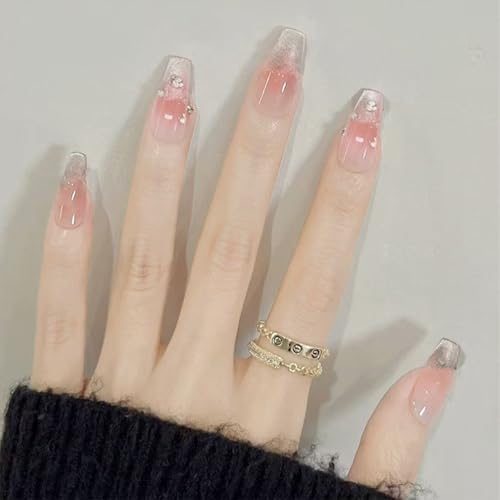 SanKristo Press on Nails Falsche Nägel Aufkleben 24 Stück, 3D French Glitzer Lange Sargform Strasssteinen Katzenaugen Glänzend Künstliche Fingernägel mit Soft Gel für Frauen, Rosa-Weiß Verlauf von SanKristo