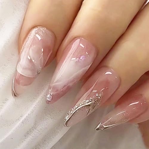 SanKristo Press on Nails Falsche Nägel Aufkleben 24 Stück, 3D French Glitzer Mandelförmige Glänzend Vollständige Abdeckung Künstliche Fingernägel mit Soft Gel für Frauen, Rosa-Weiß Verlauf von SanKristo